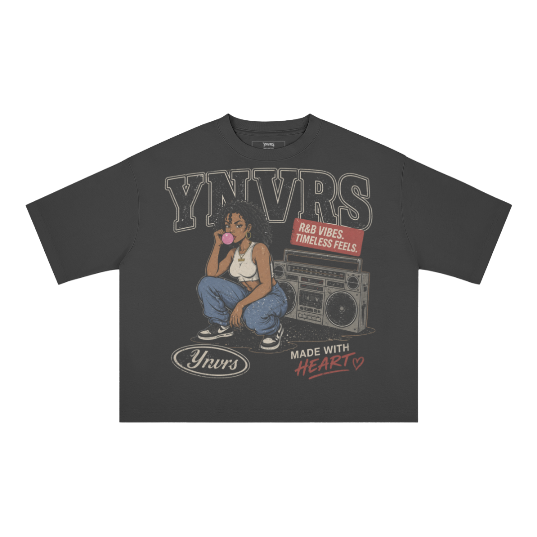 ynvrs apparel black heavyweight cotton t-shirt with vintage R&B graphic print, boxy fit, and dropped shoulders.