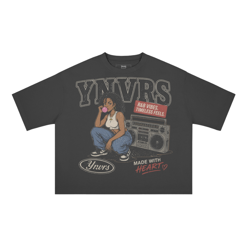 ynvrs apparel black heavyweight cotton t-shirt with vintage R&B graphic print, boxy fit, and dropped shoulders.
